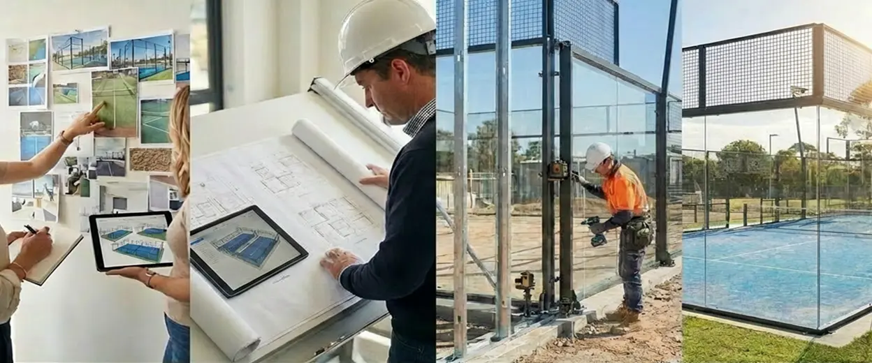 Collage showing planning, construction, and completed glass-enclosed paddle tennis courts.