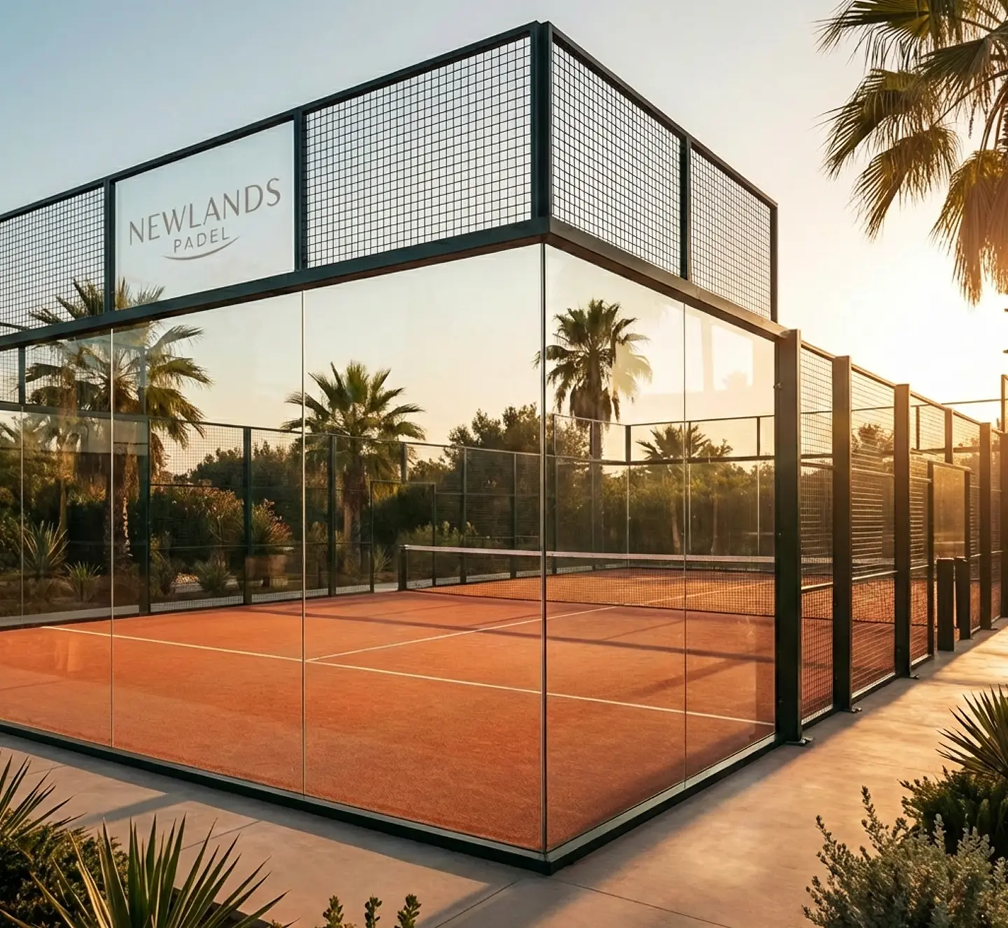 Sunlit outdoor padel court enclosed by glass walls with palm trees and greenery in the background.