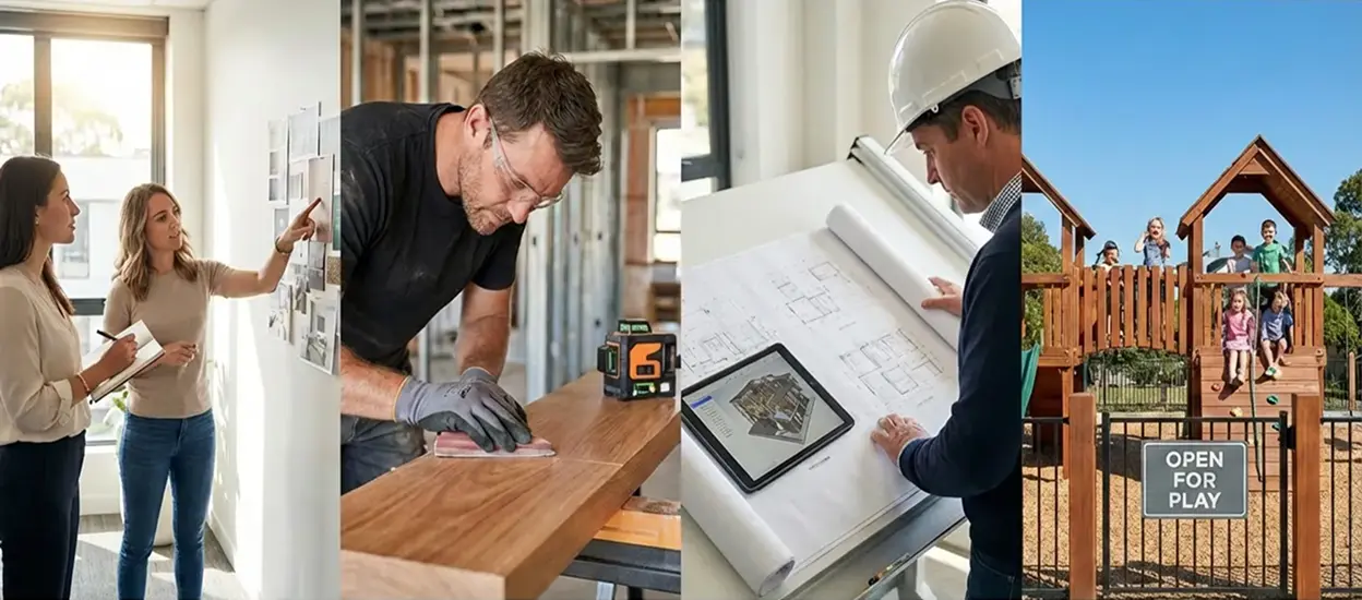 Collage showing two women discussing plans indoors, a man sanding wood, an architect reviewing blueprints, and children playing on a wooden playground labeled 'Open for Play.'