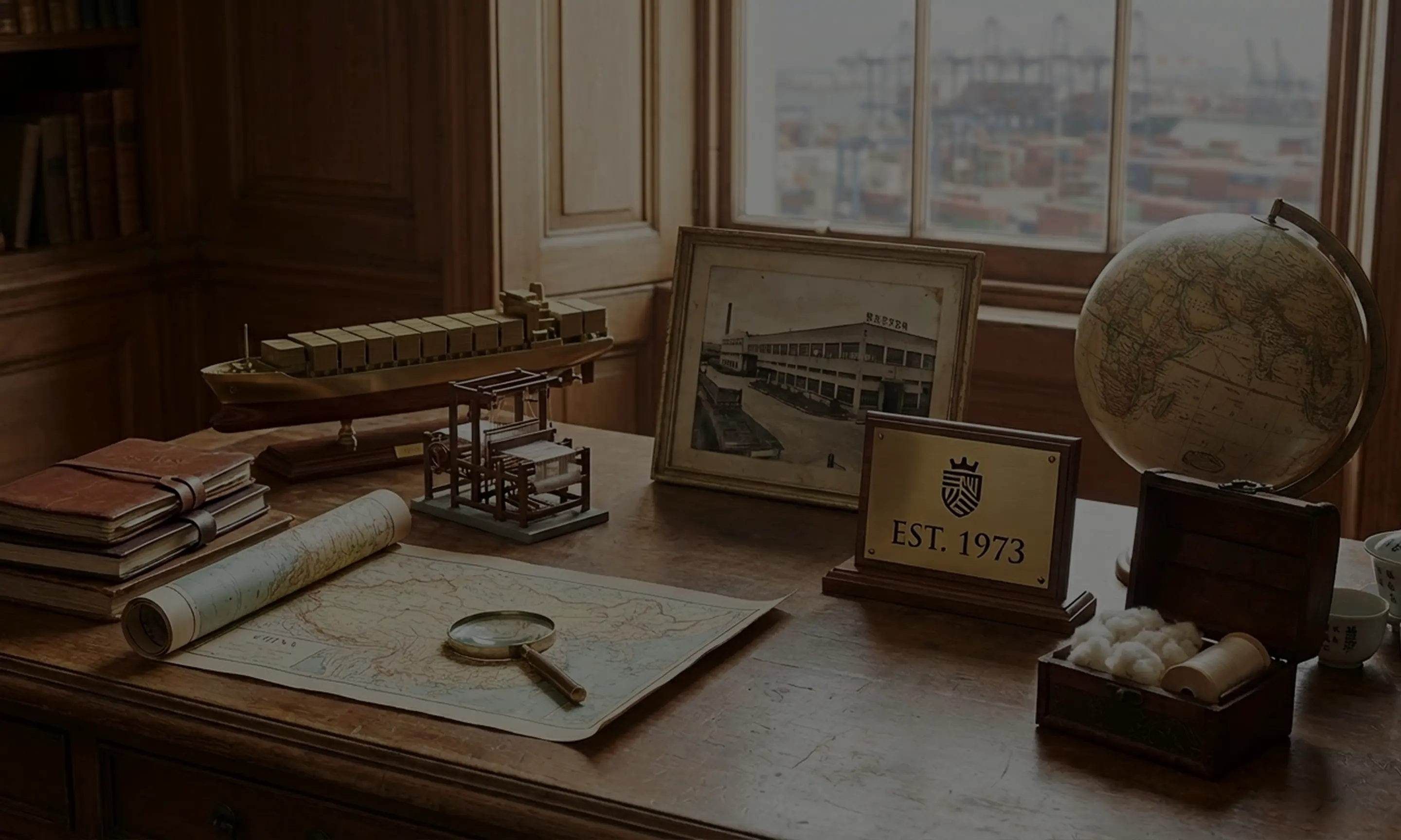 Wooden desk with a rolled and flat map, magnifying glass, model ship, miniature loom, old photograph, brass plaque reading 'EST. 1973,' globe, and an open wooden box holding cotton and a spool of thread.