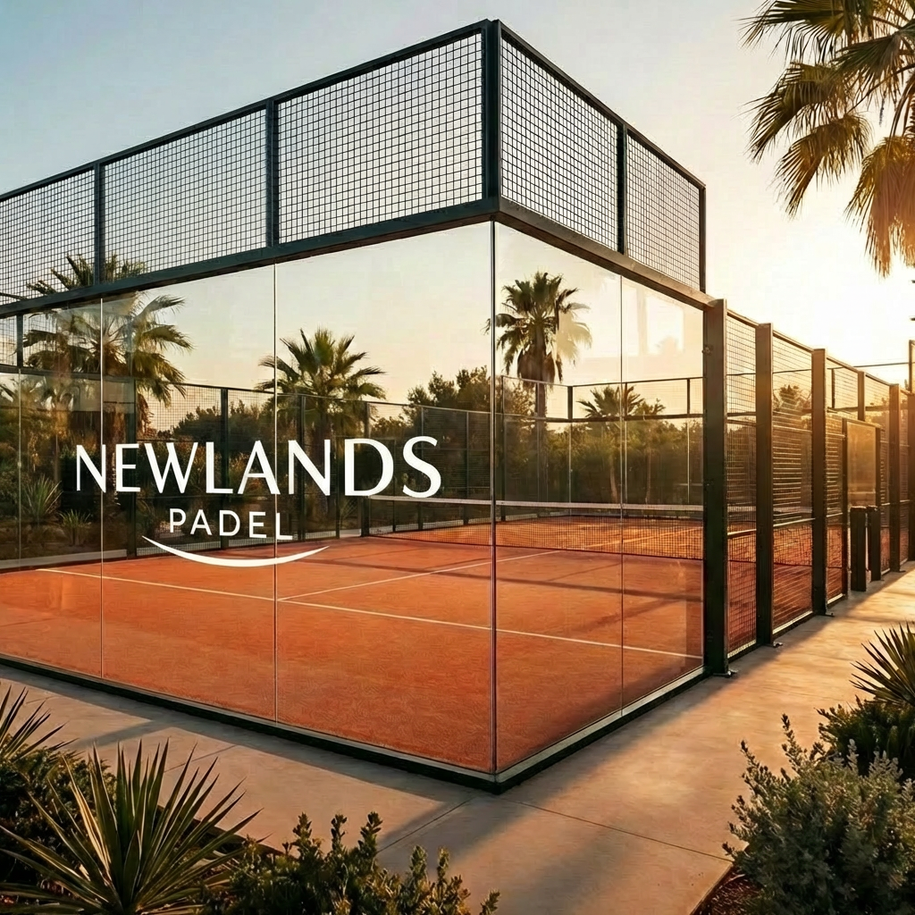 Newlands Group - Outdoor padel court with orange surface surrounded by glass walls and metal fencing, palm trees in background at sunset.