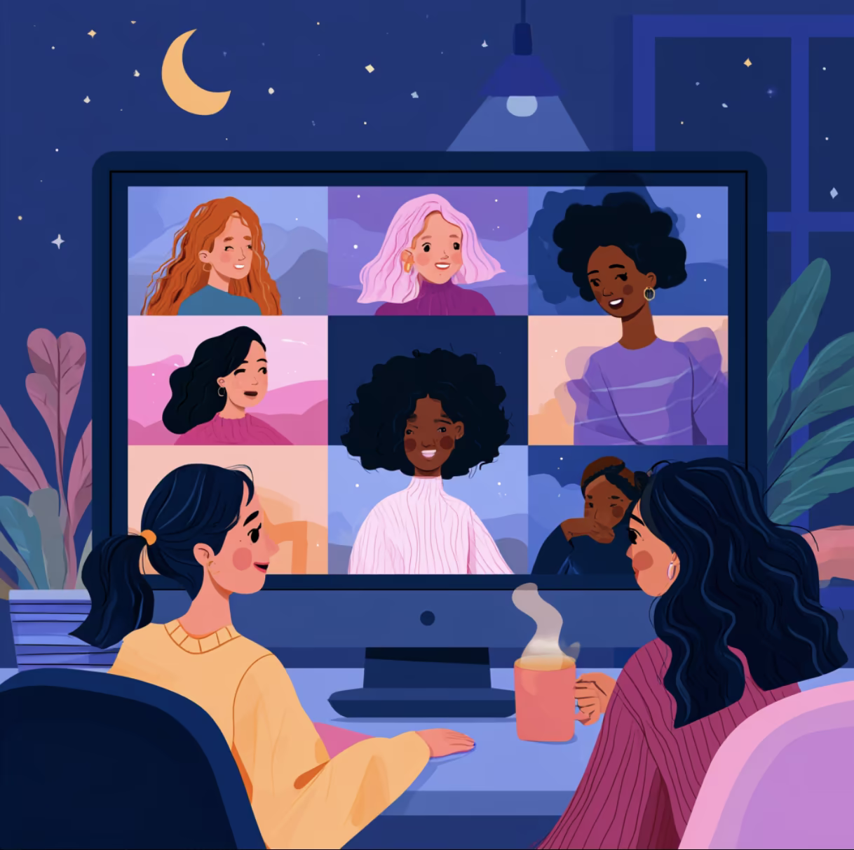 Illustration of a woman on a sofa raising a drink to a screen of women on an evening video call