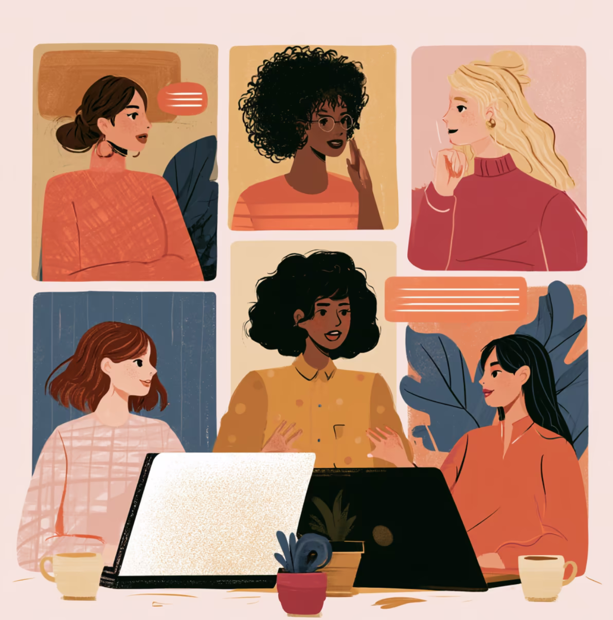 Illustration of a grid of smiling women on a video call above an open laptop