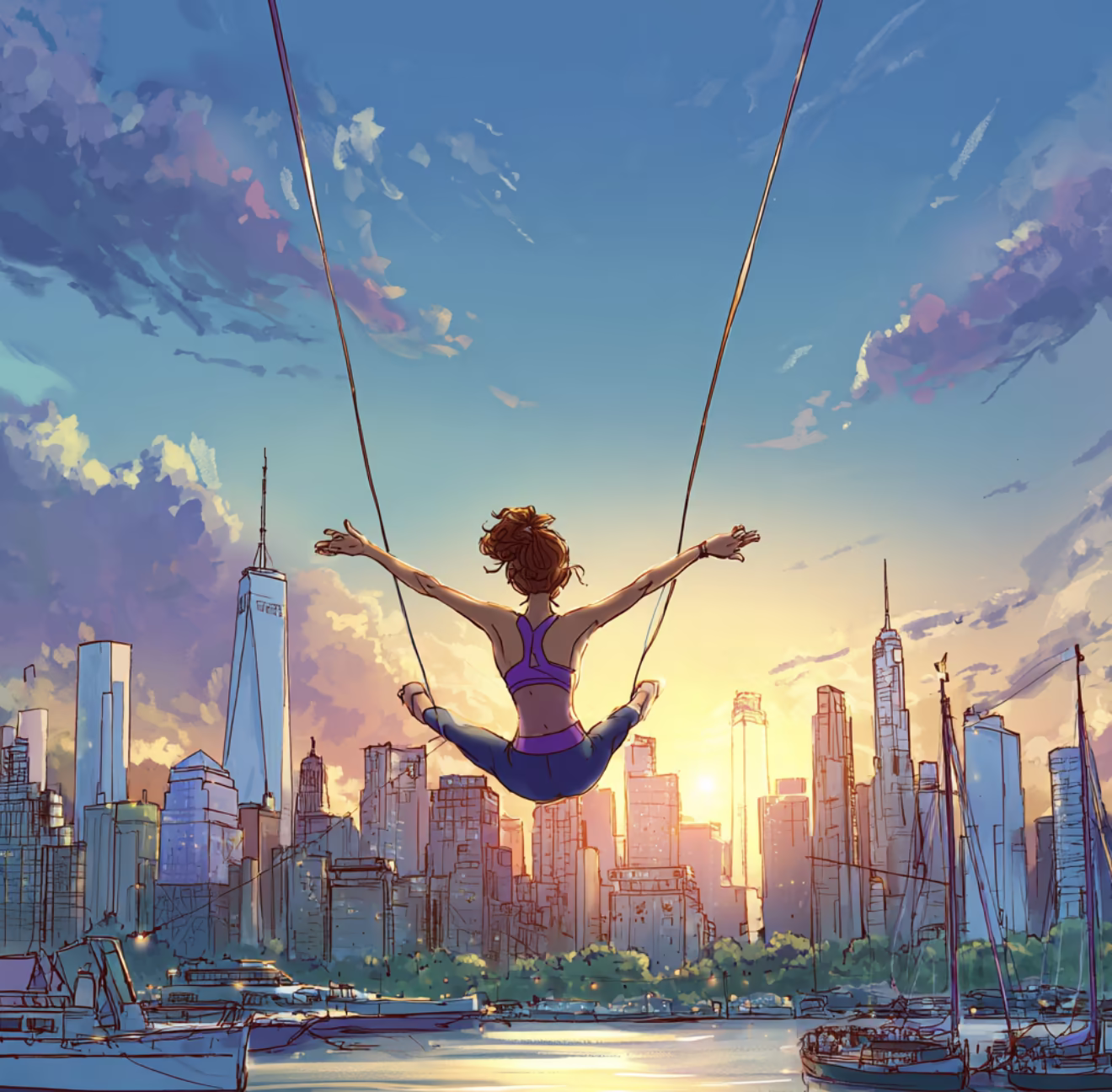 Illustration of a woman swinging from a trapeze above the Manhattan skyline at sunset