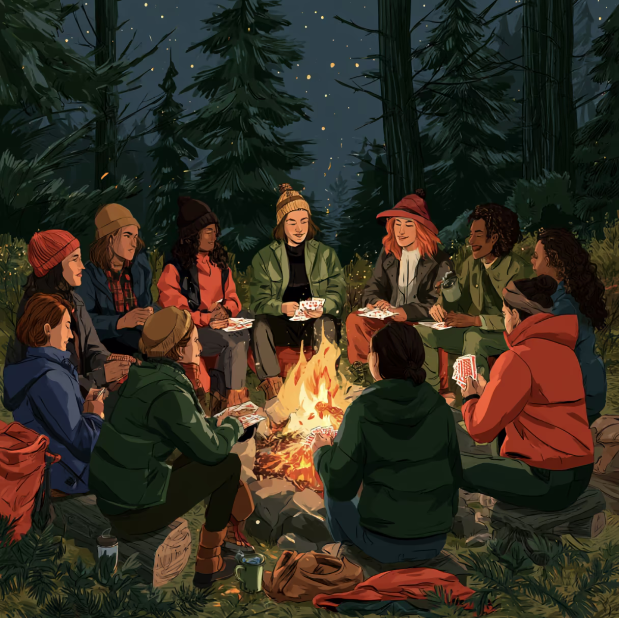 Illustration of a large group of women in warm coats around a campfire in a pine forest at dusk