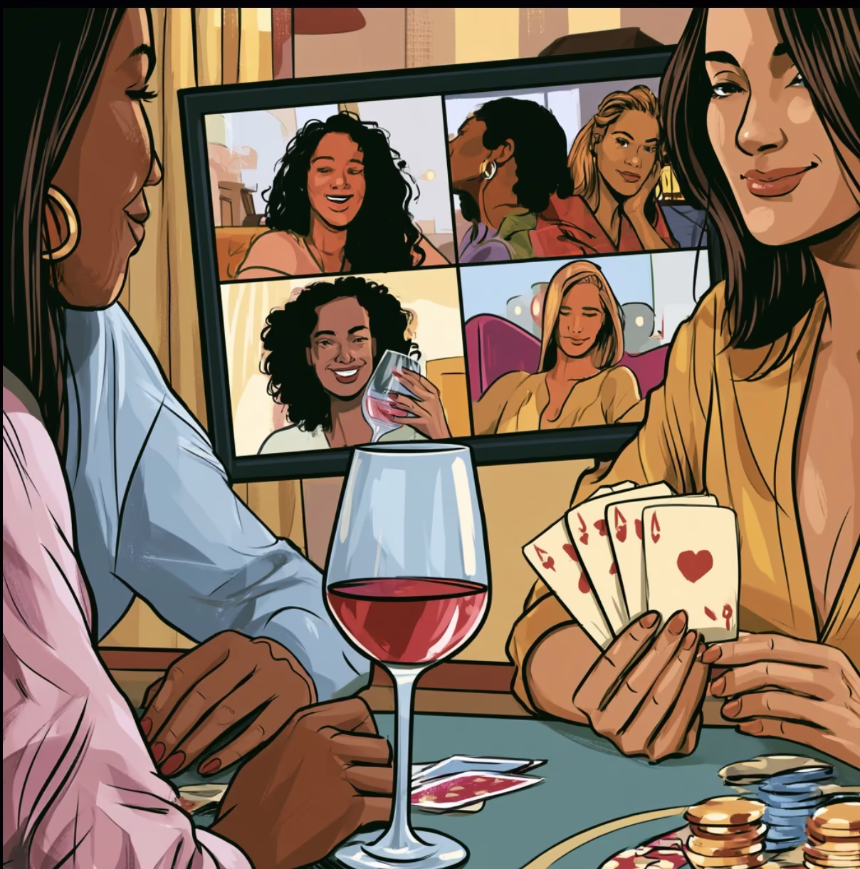 Illustration of women holding playing cards on a video call over a glass of wine