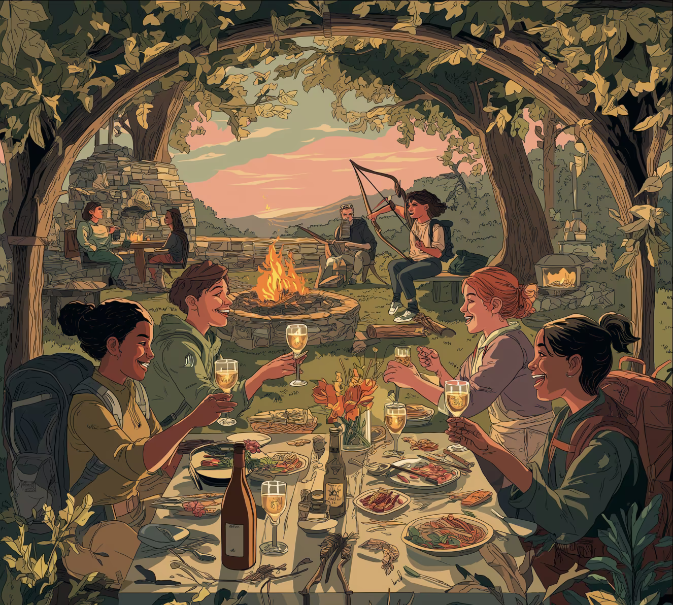 Illustration of women eating together at an outdoor table by a fire, framed by a leafy archway