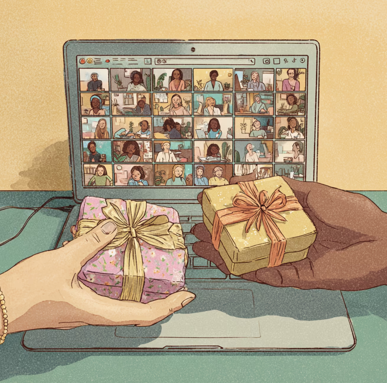 Illustration of hands holding a wrapped gift beside a laptop showing a video call of women