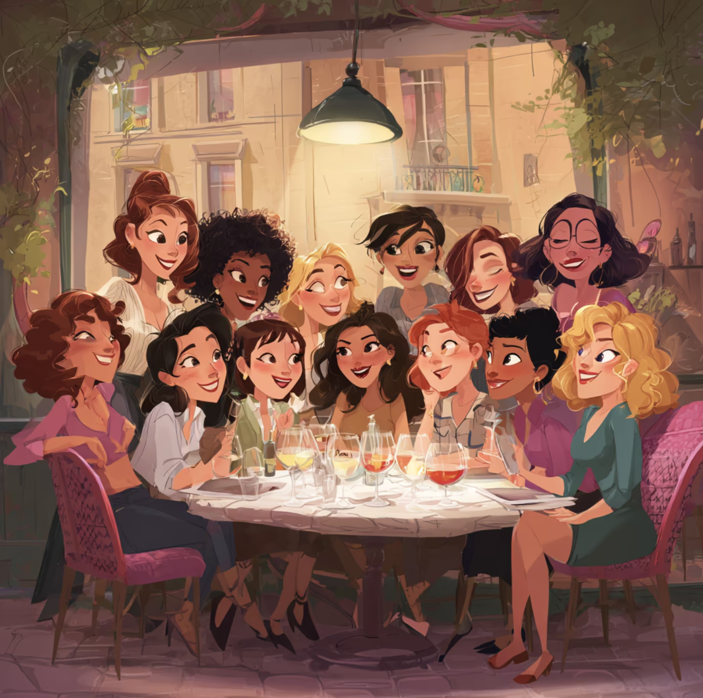 Illustration of a dozen women sharing a long dinner table under a pendant lamp