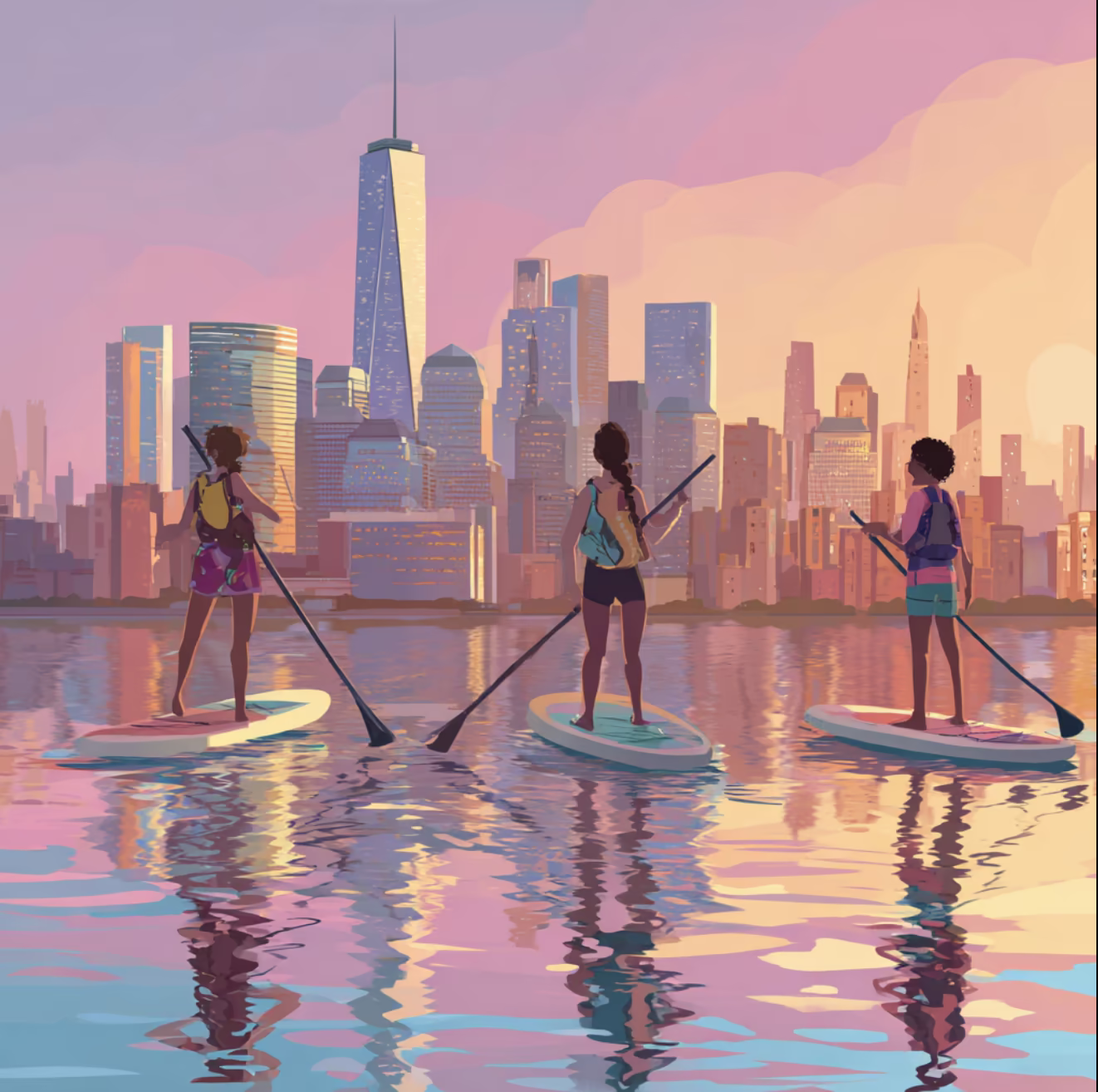 Illustration of three women paddleboarding on the Hudson with the New York skyline behind them