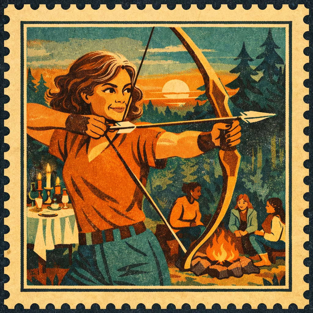Vintage stamp-style illustration of a woman drawing a longbow with a campfire behind her