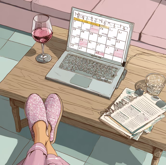 Illustration of slippered feet propped beside a laptop, a glass of wine and an open book