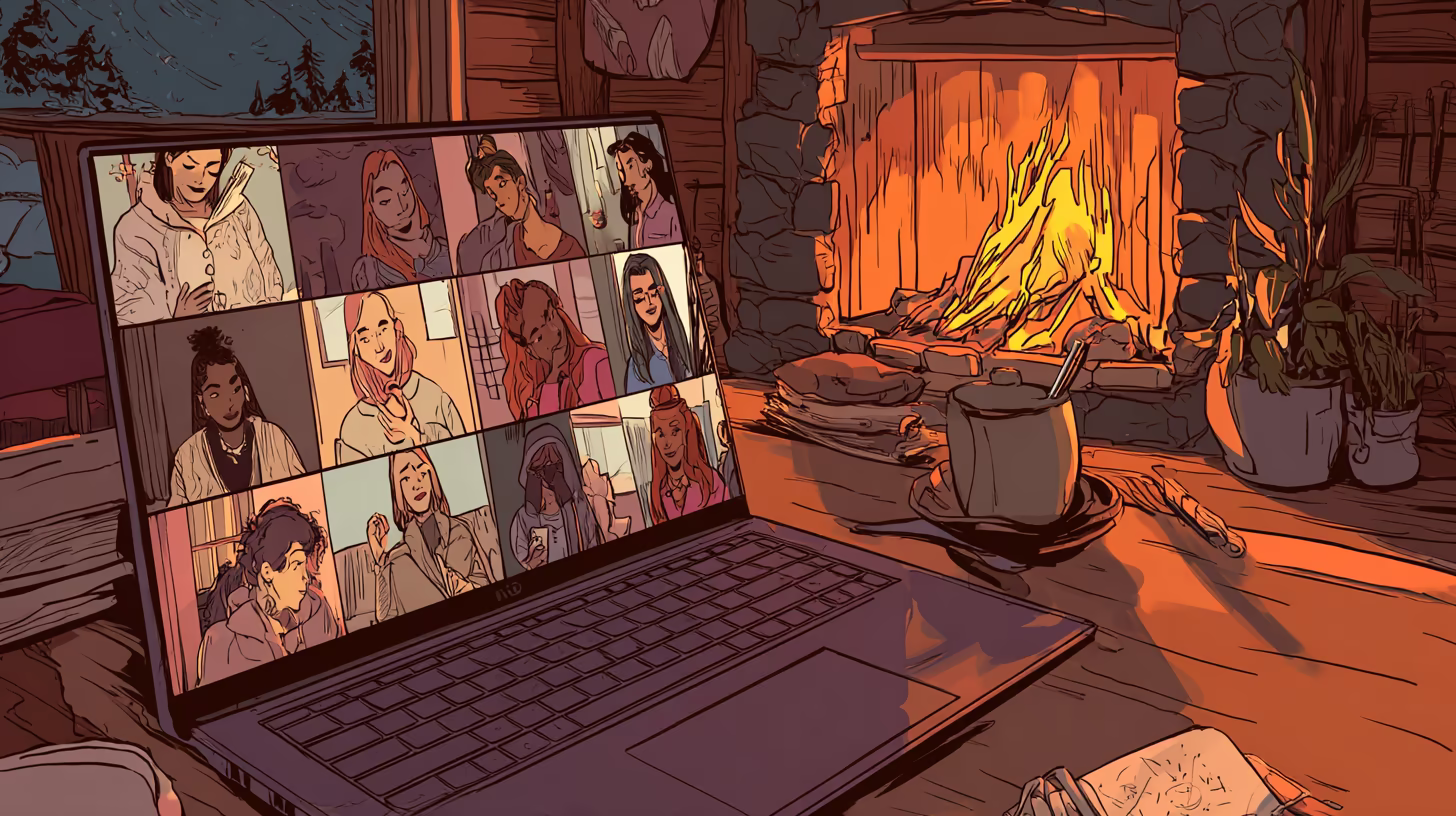 Laptop showing a video call of women, set in front of a lit fireplace