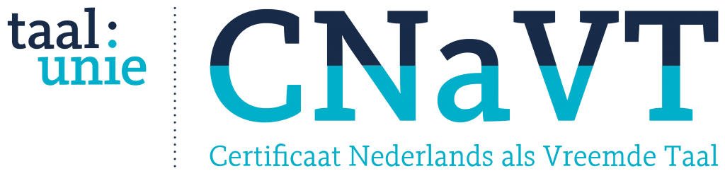 Logo van Taalunie en CNaVT, Certificaat Nederlands als Vreemde Taal tekst.