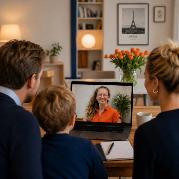Gezin voert een videogesprek met een vrouw op een laptop aan een houten tafel met bloemen en notitieboek.