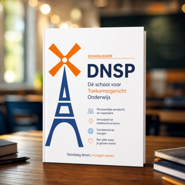 Schoolgids DNSP met windmolenlogo en tekst over toekomstgericht onderwijs op houten tafel.