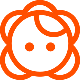 Eenvoudige oranje lijntekening van een vrouwenhoofd met krullend haar en twee ogen.