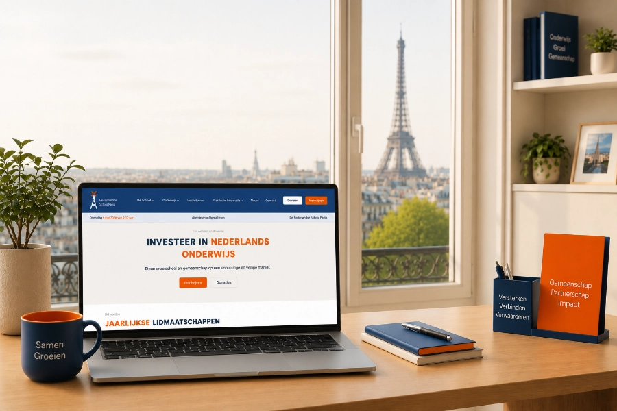 Lichte en moderne werkplek in Parijs met een laptop waarop de website van De Nederlandse School Parijs wordt weergegeven, warm natuurlijk daglicht, minimalistisch houten bureau, subtiele Nederlandse blauwe en oranje accenten, uitzicht op de Eiffeltoren en een professionele, gezellige sfeer die onderwijs, gemeenschap, samenwerking en groei uitstraalt.