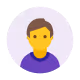 Eenvoudige avatar van een persoon met geel gezicht en paarse trui.