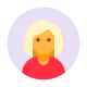 Illustratie van een vrouw met blonde haren en een rode top voor een lichtpaarse cirkel.