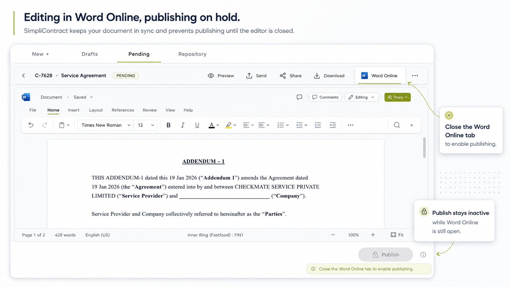 Publish button staying inactive while a document is open for editing in Word Online