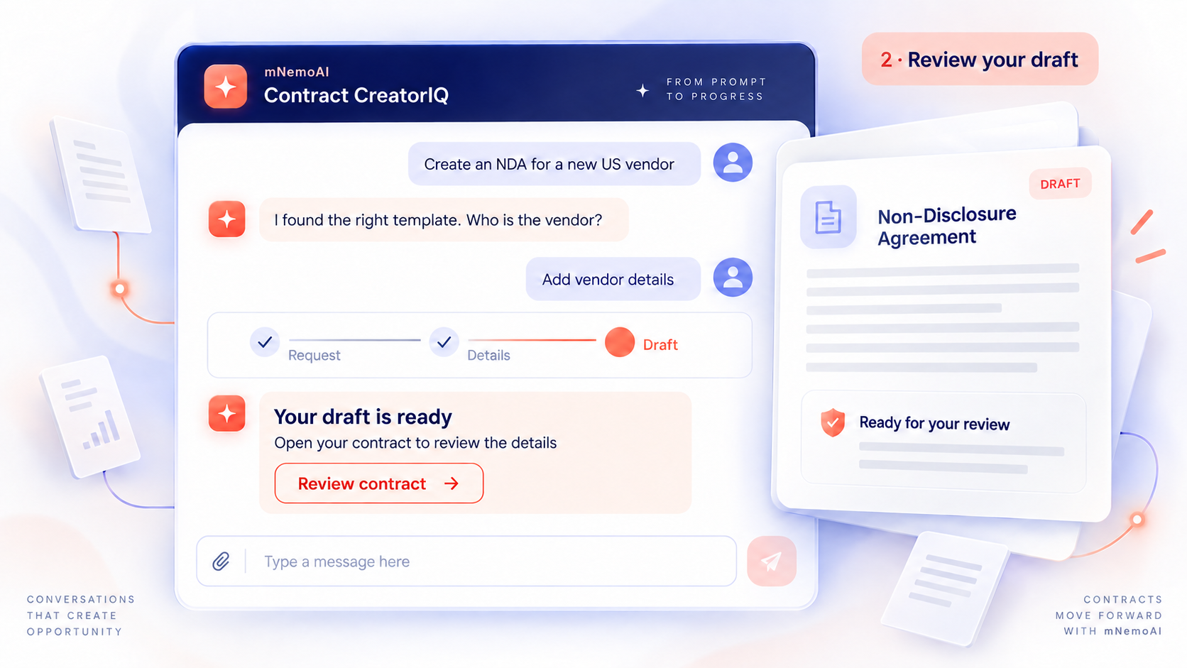 Contract CreatorIQ conversation showing contract details and a link to open the contract.