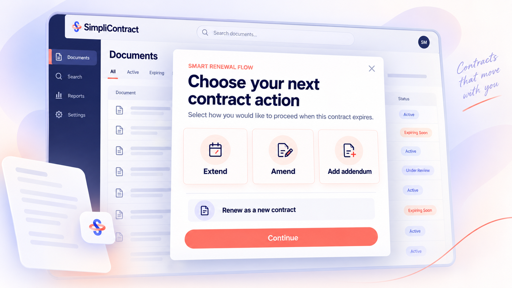 Smart Renewal Flow options for extending, amending, adding to, or renewing a contract.