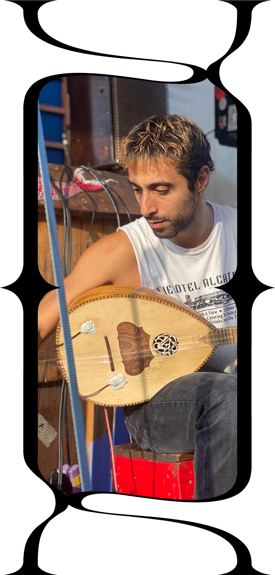 Musician Amer Chamaa performs at art market, Klunkerkranich