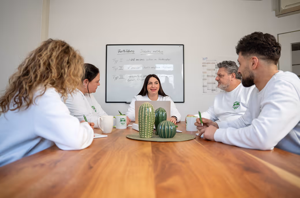 Fünf Personen sitzen an einem hölzernen Konferenztisch mit Kaktus-Dekoration und diskutieren vor einem Whiteboard mit Notizen.