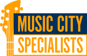 Logo with stylized orange guitar head and text Music City Specialists in orange and blue blocks.