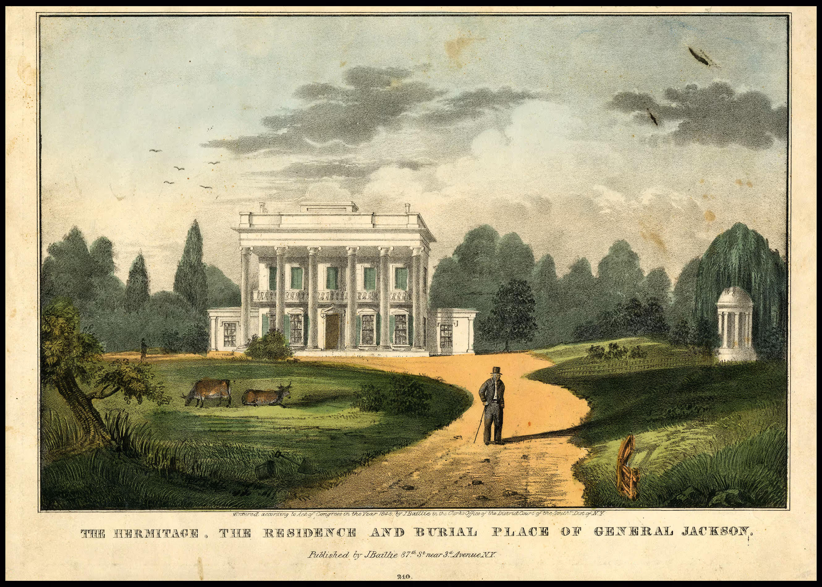 Historic estate with columns, a man on path, two cows, and a small round temple in greenery.