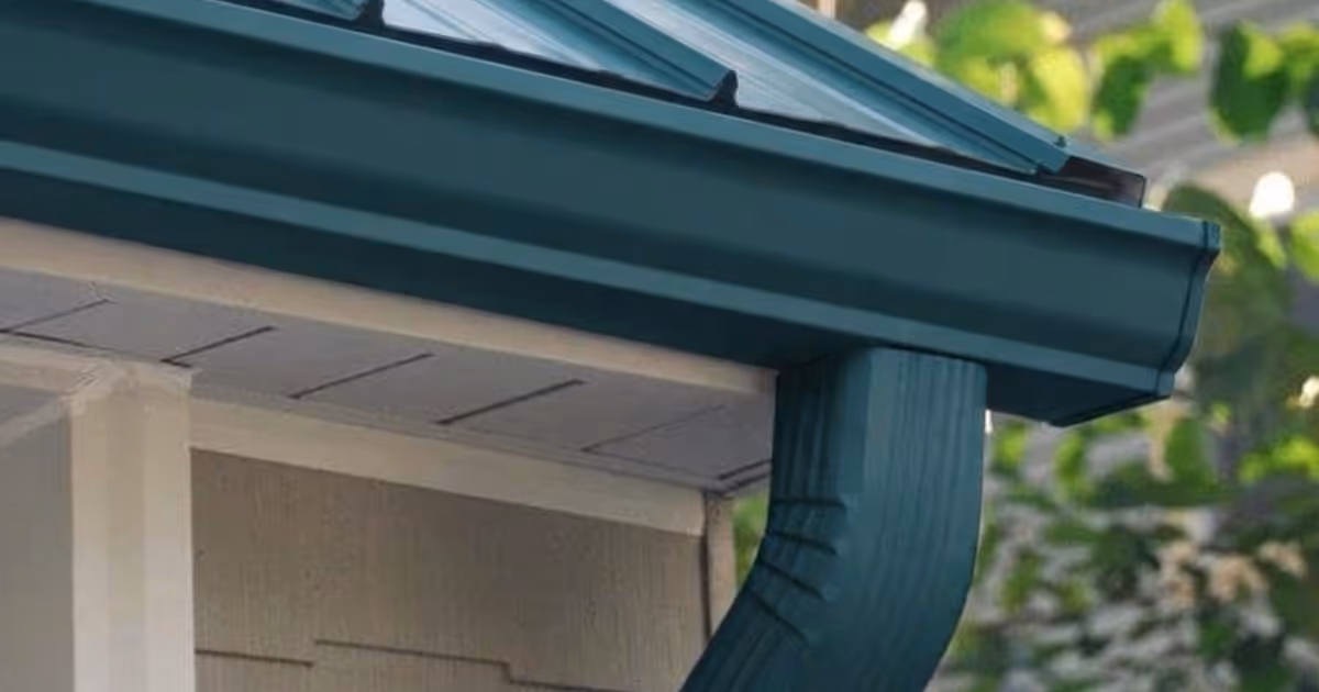 Close-up of a house gutter and downspout at the roof edge