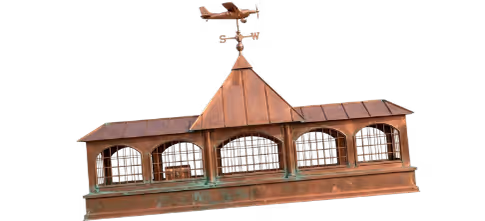 Copper weather vane with a louvered roof section and patina accents on a transparent background.
