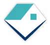 Blue and teal geometric diamond shape logo with a small square inside the upper right section.