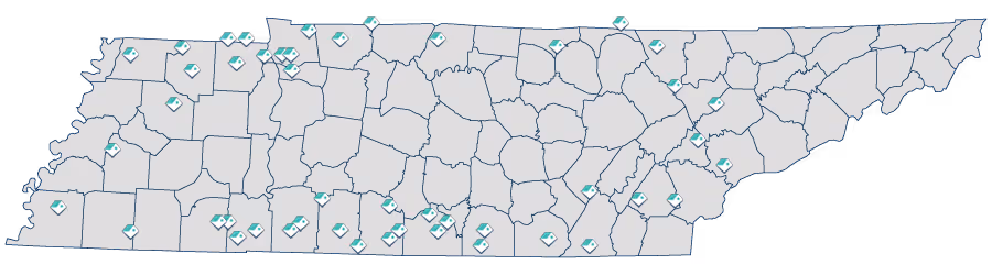 Map of Tennessee showing county boundaries with markers scattered across the state.