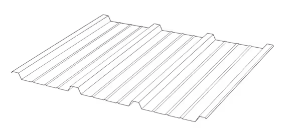 Corrugated metal rib panel sheet with a wavy pattern for construction or roofing use.