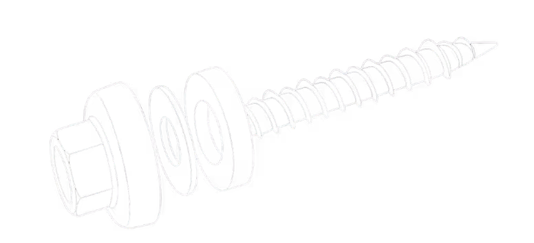 Exploded view of a screw with a hex head, and three washers aligned along the shaft.