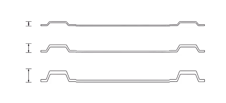Diagram of three half rib panel profiles with dimensions 15 3/8, 16 1/2, 18 inches wide.