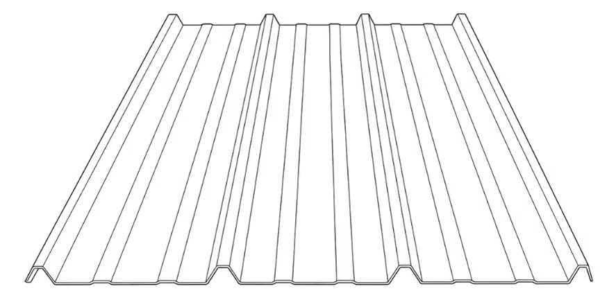 Sheet of corrugated metal roofing with alternating ridges and grooves viewed from angle.