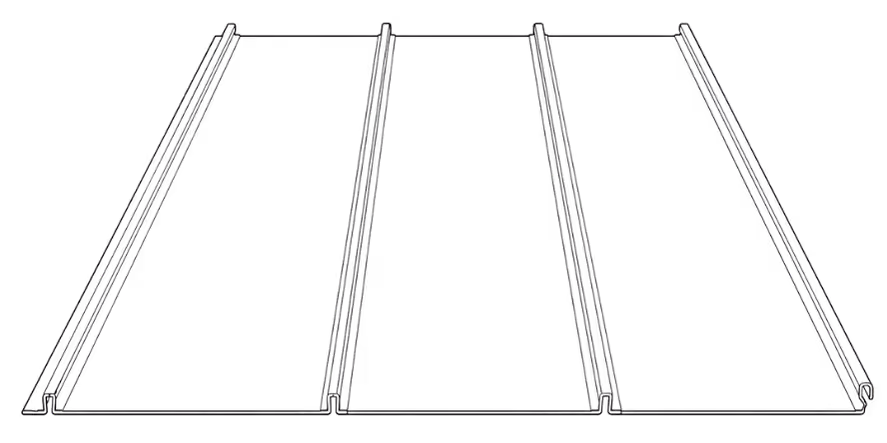 Black metal roofing panel with raised seams and multiple narrow channels stacked side by side.