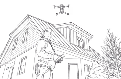 Person operating a drone flying above a two-story house near a tall tree.