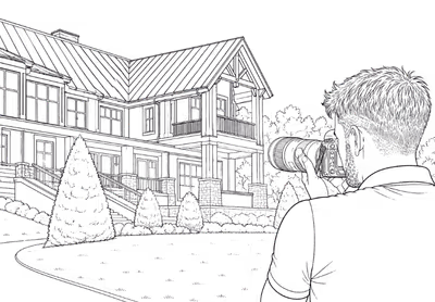 Detailed architectural wireframe of a two-story house with multiple windows and a pitched roof.
