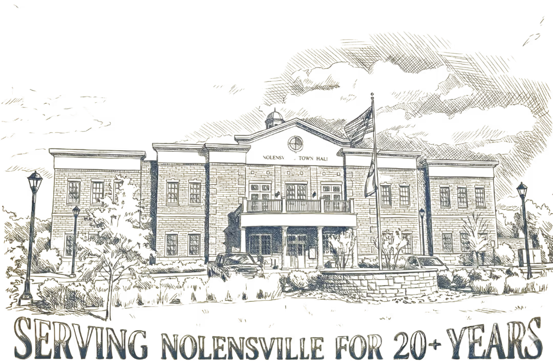 Sketch of Nolensville Town Hall with flagpole and text serving Nolensville for 20+ years.