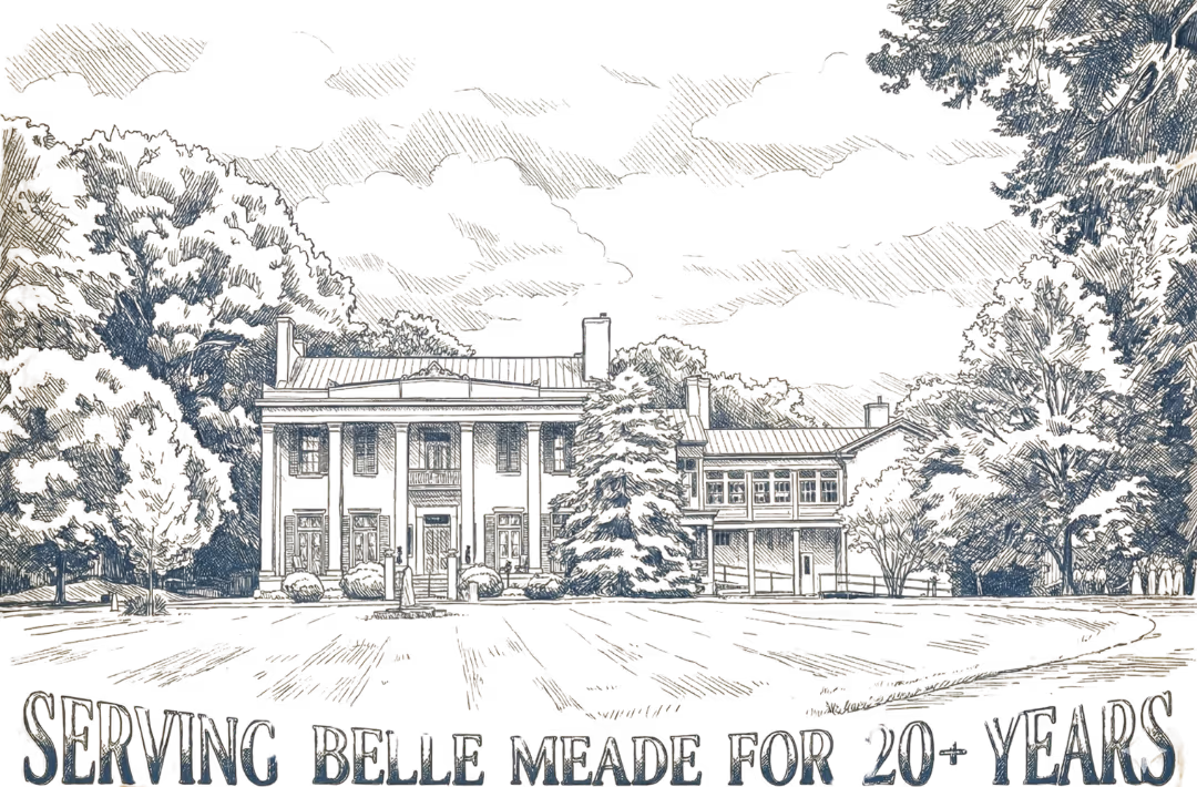 Sketch of a large historic house with trees and text: Serving Belle Meade for 20+ years