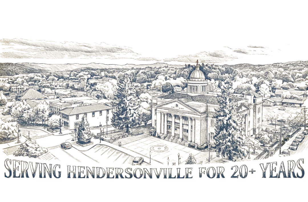 Aerial view of Hendersonville cityscape with a prominent domed courthouse and text serving Hendersonville for 20+ years.