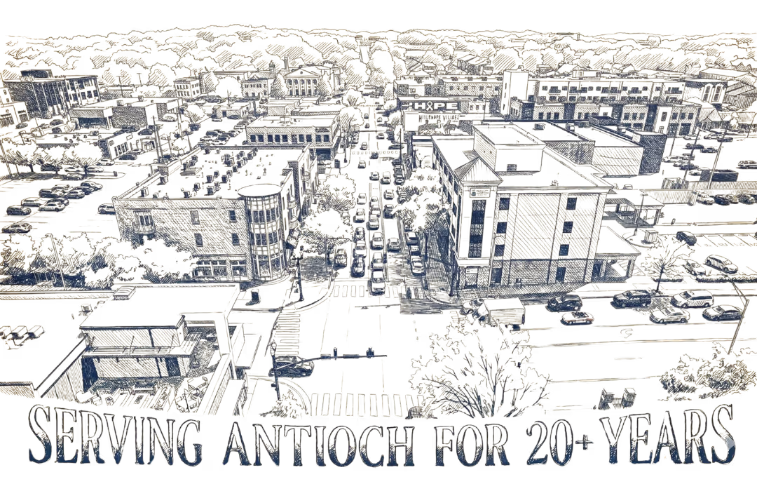 Sketch of a cityscape with buildings, streets, and cars, and text 'Serving Antioch for 20+ years'.