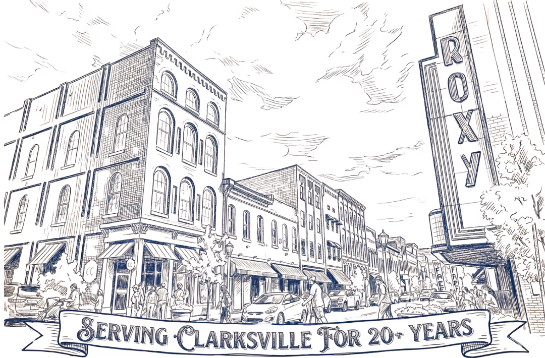 Illustration of a downtown street with the Roxy theater sign and banner reading Serving Clarksville for 20+ years.