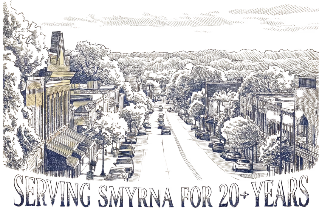 Illustrated main street of Smyrna with cars and buildings, caption: Serving Smyrna for 20+ years.