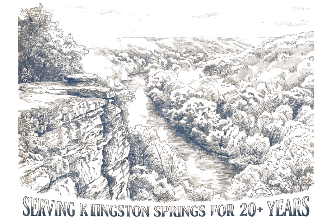 Aerial view of a residential area with trees and roads, text says Serving Kingston Springs for 20+ years.