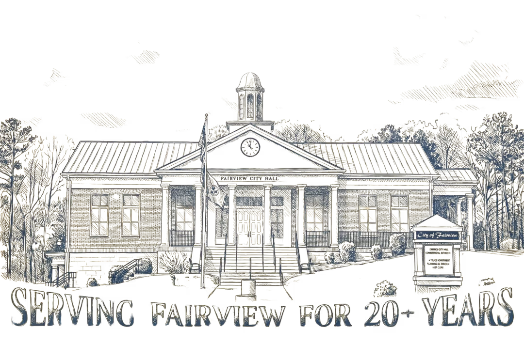 Drawing of a building with columns, a cupola, and text: Serving Fairview for 20+ years.